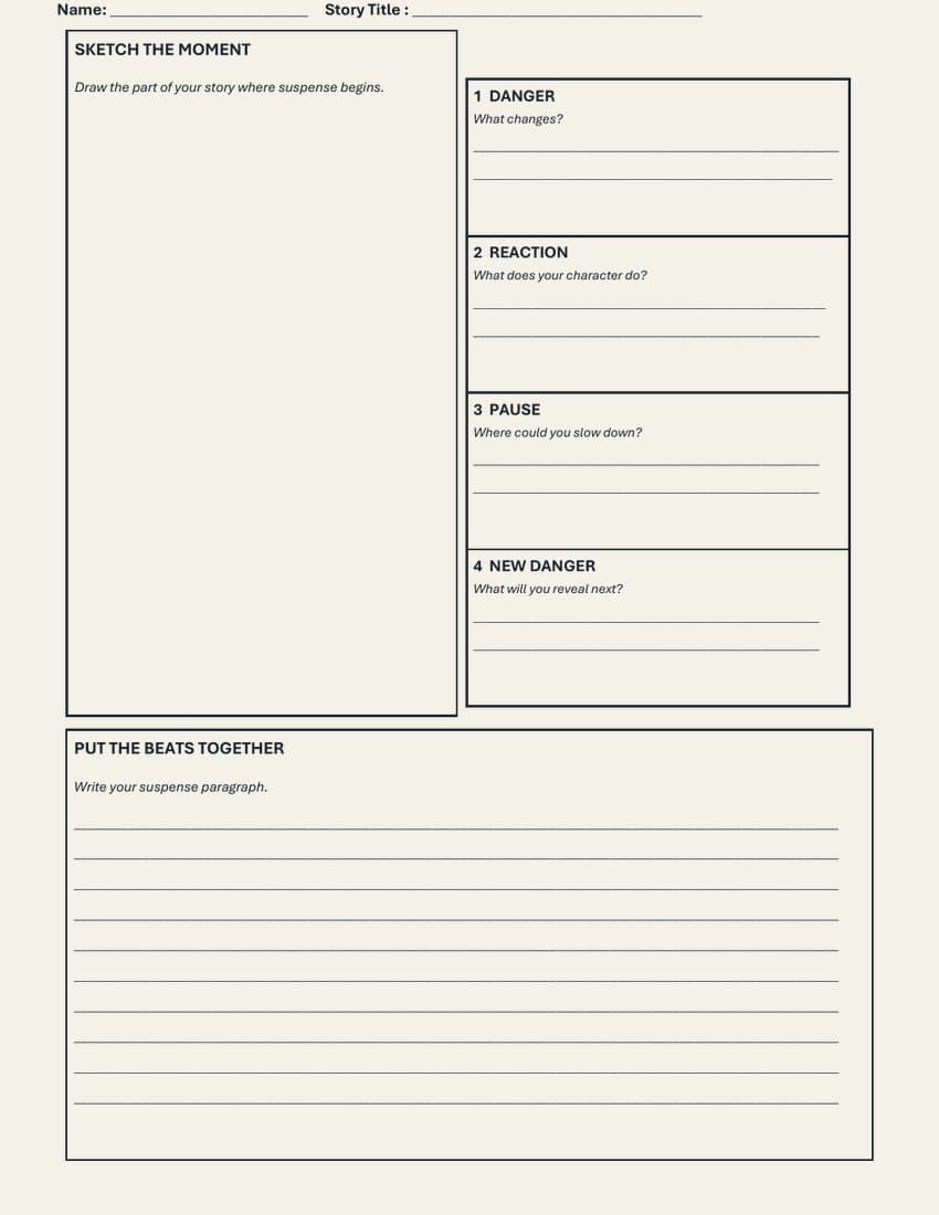 The suspense story planner: a box to sketch the moment, then sections headed Danger, Reaction, Pause and New danger.